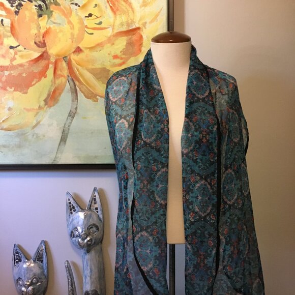 Sheer Blue Floral Damask Tapered Boho Scarf - Picture 5 of 16